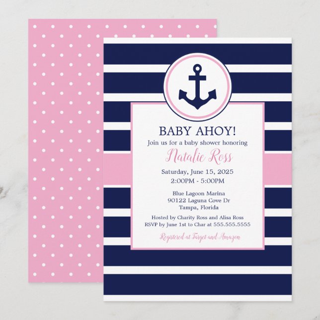 Invitación ¡Verano Ahoy! Baby Shower chica (Anverso / Reverso)