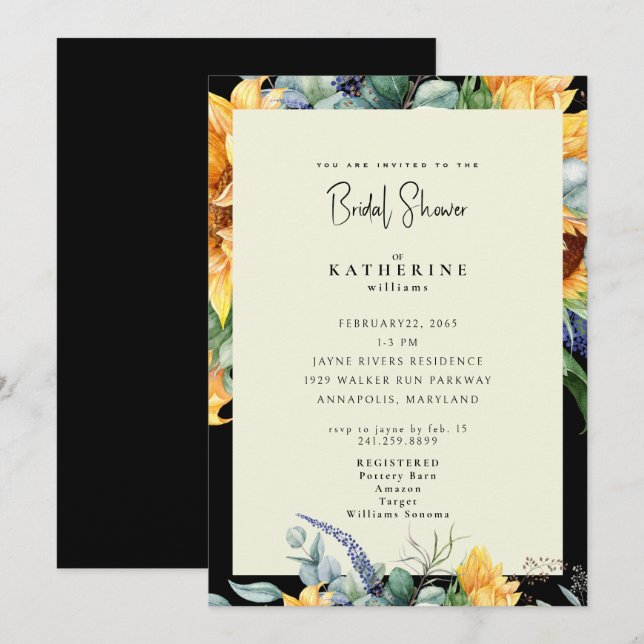 Invitación Verano audaz girasol negro y crema ducha de novia (Anverso / Reverso)