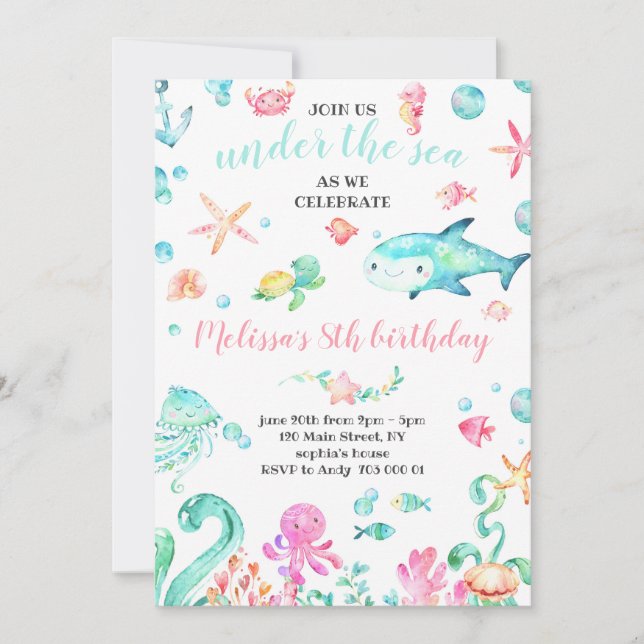 Invitación Verano bajo el agua del mar Chica Cumpleaños (Anverso)