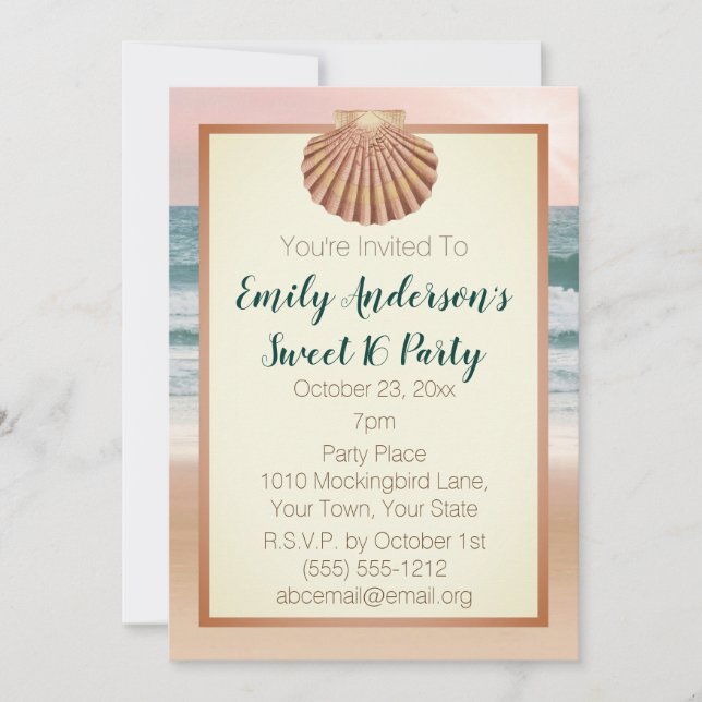 Invitación Verano Beach Seashell Pink Sunset Sweet 16 (Anverso)