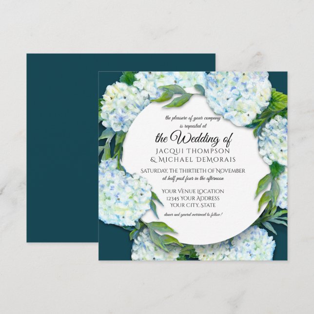 Invitación Verano Boda Hidrangea Blanca Floral Peacock Azul (Anverso / Reverso)