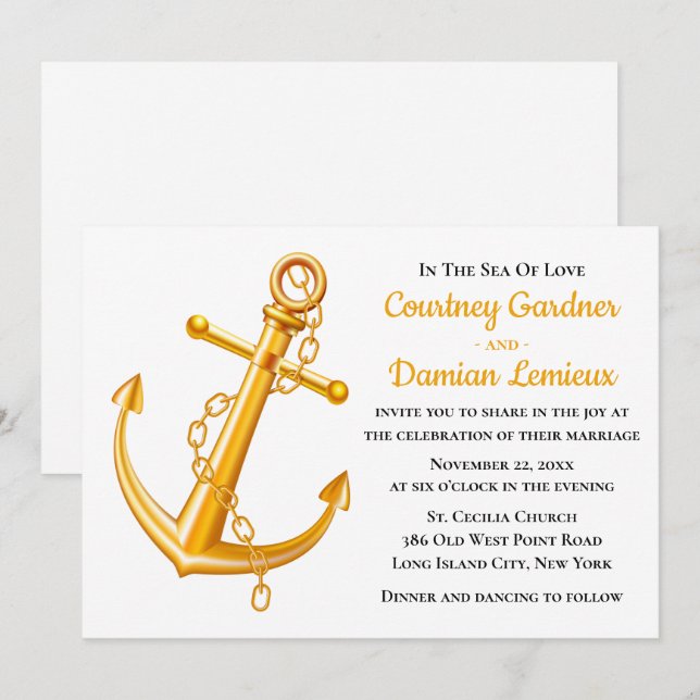 Invitación Verano Boda Nautical Gold Anchor (Anverso / Reverso)