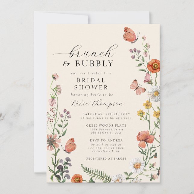 Invitación Verano Boho Flor silvestre Brunch Bridal Shower (Anverso)