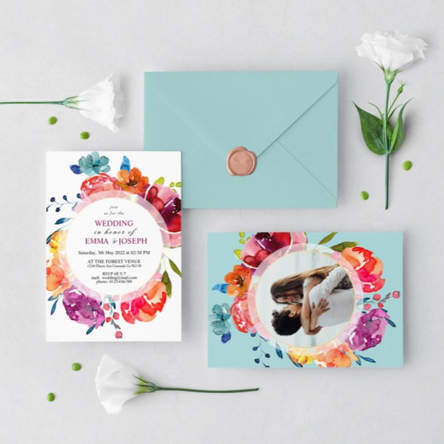 Invitación Verano brillante Boda de flores redondo colorido (Subido por el creador)