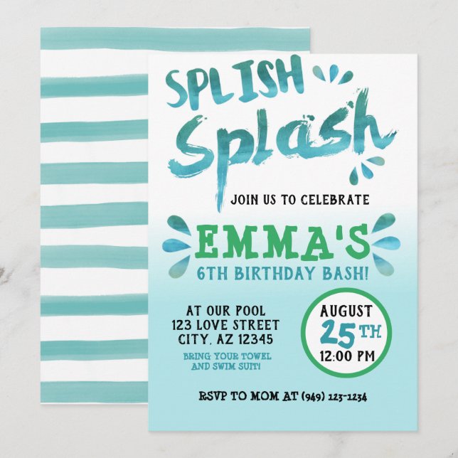 Invitación Verano cumpleaños del Fiesta Splish Splash Park (Anverso / Reverso)