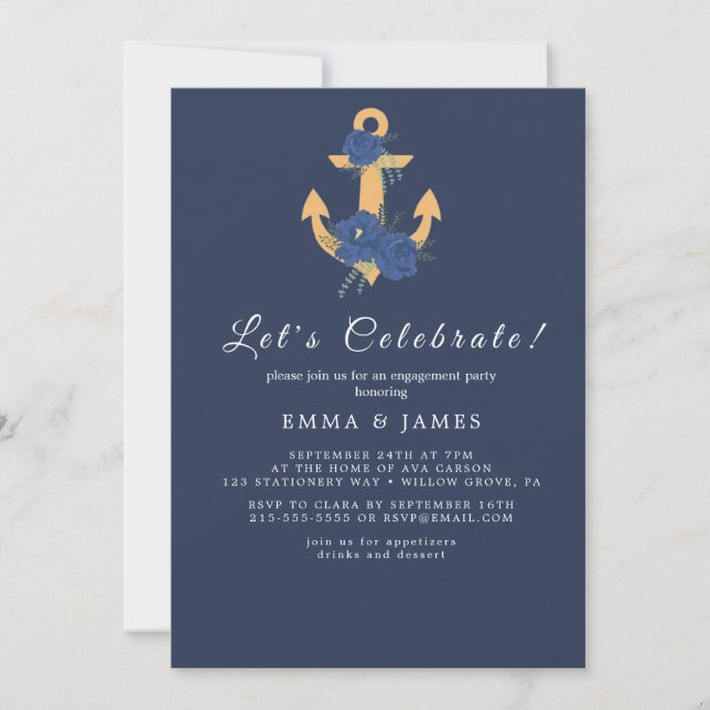 Invitación Verano de ancla floral de la marina (Anverso)