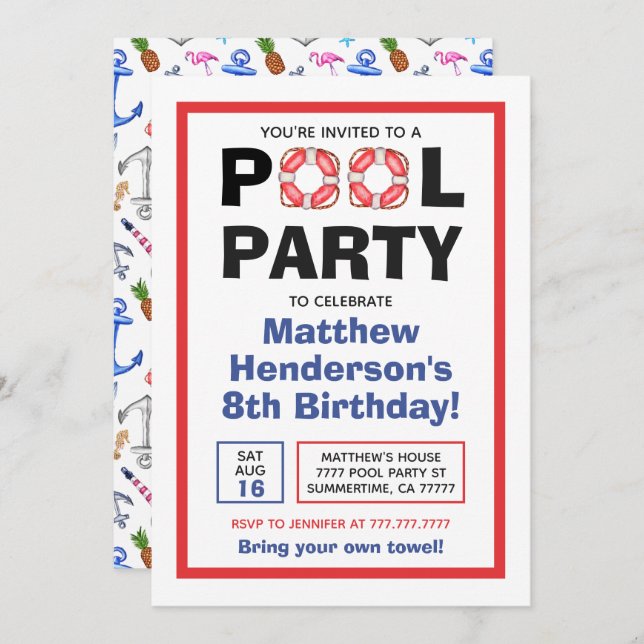 Invitación Verano de cumpleaños del Fiesta de la piscina (Anverso / Reverso)
