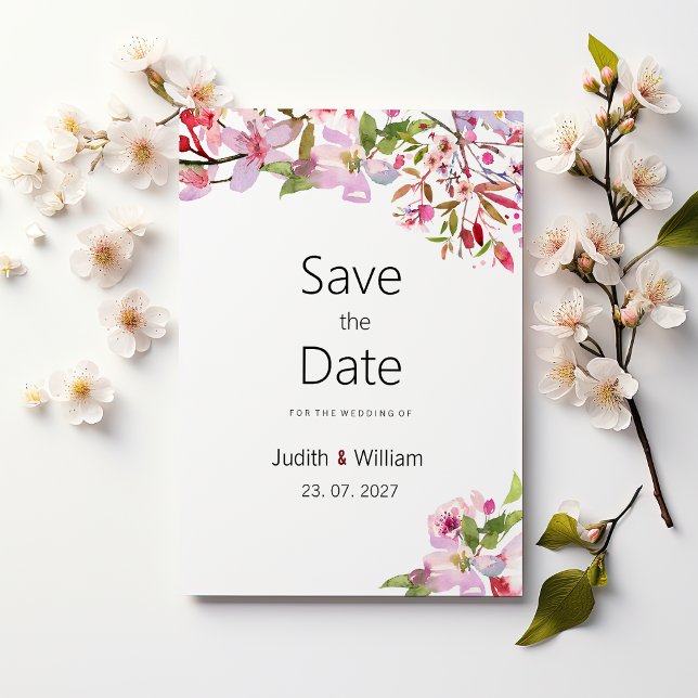 Invitación verano de florecimiento de cerezo rosa botánico Sa (Botanical pink cherry blossom summer Save the Date )