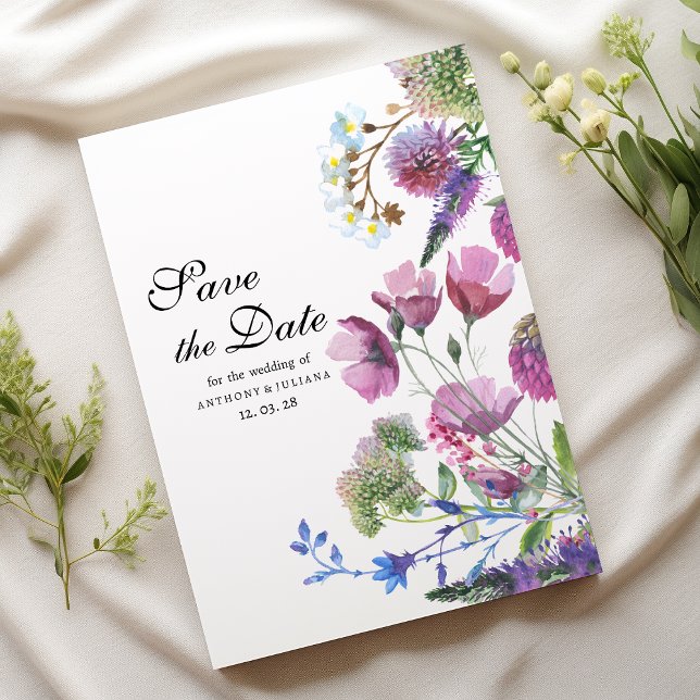 Invitación Verano de flores silvestres rosadas púrpuras Salve (Pink purple wildflower summer Save the Date)