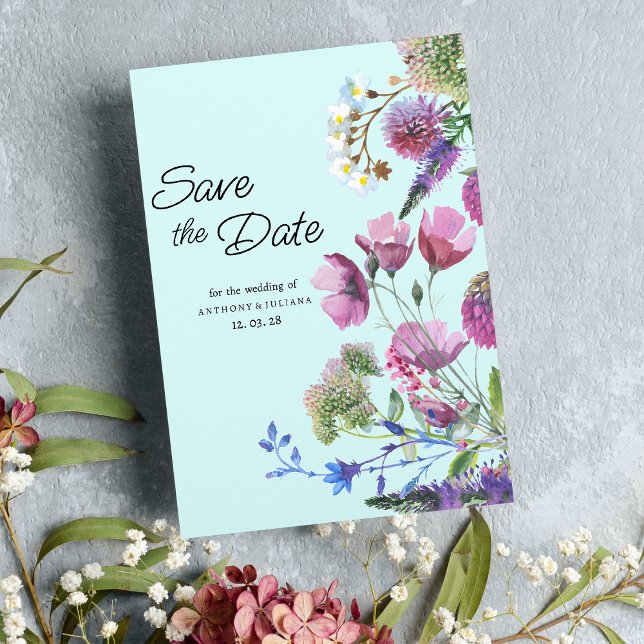 Invitación Verano de flores silvestres Verde azuladas púrpura (Pink Purple Teal Wildflower Summer Save the Date)