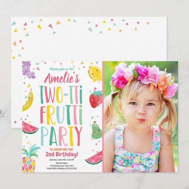 Invitación Verano de frutas de cumpleaños de dos tti Frutti T (Anverso / Reverso)