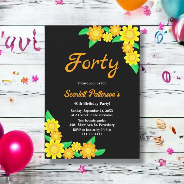 Invitación Verano de girasol rústico Floral negra 40 cumpleañ (Subido por el creador)