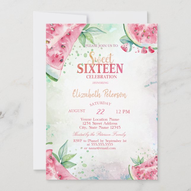 Invitación Verano de Sandía Tropical Dulces 16 (Anverso)