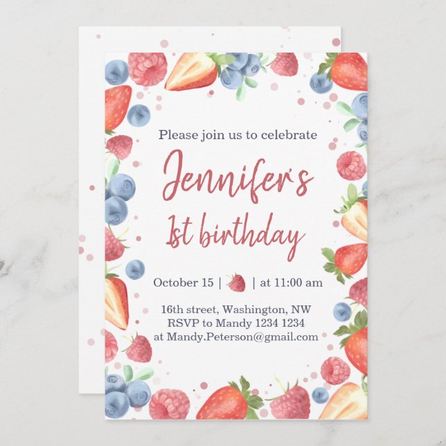 Invitación Verano dulce Berry Fresa primer cumpleaños (Anverso / Reverso)