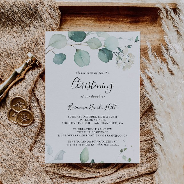 Invitación Verano Eucalyptus Foliage Christening (Subido por el creador)