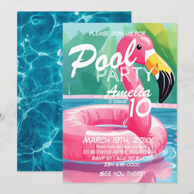 Invitación Verano Flamingo Fiesta Chica 10 cumpleaños (Anverso / Reverso)