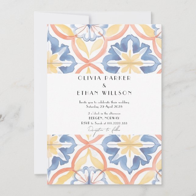 Invitación Verano floral simple Boda de azulejos españoles (Anverso)
