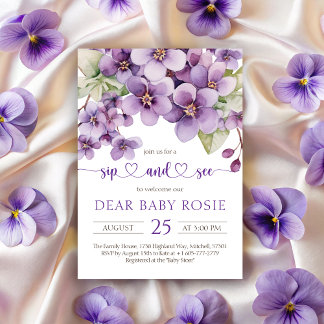 Invitación Verano Flores violetas púrpuras bebe Sip y ver