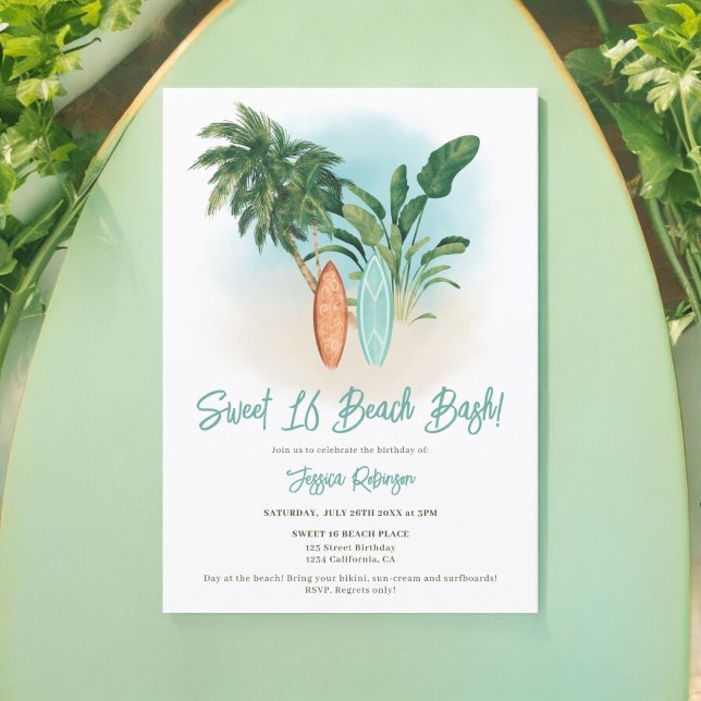 Invitación Verano Fun Tropical Surf Sweet 16 Beach Bash (Summer Fun Tropical Surf Sweet 16 Beach Bash Invitation)