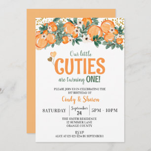 Invitación Verano Gemelos, primer cumpleaños, Chicas Naranjas
