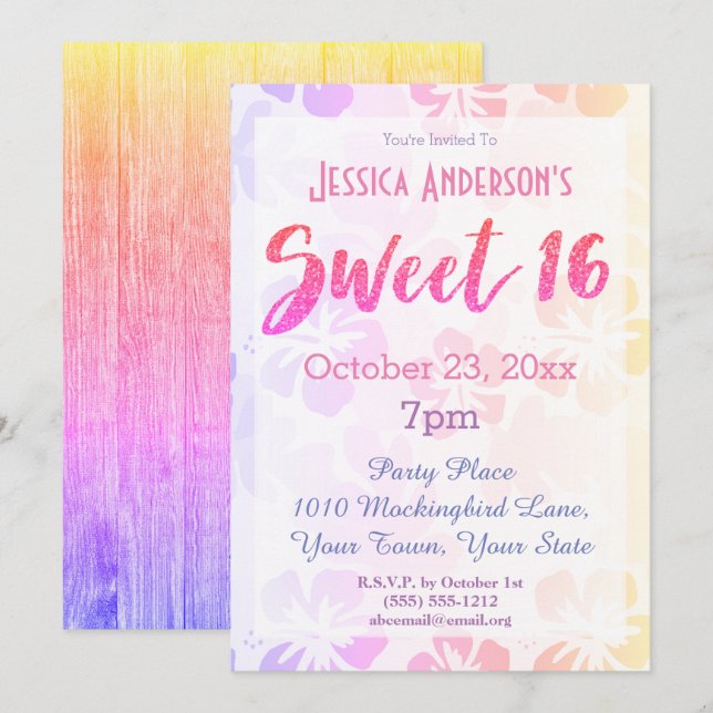 Invitación Verano Hibiscus Floral dulce tropical 16 cumpleaño (Anverso / Reverso)