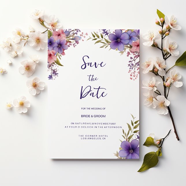 Invitación Verano lavanda marco floral rosa Guardar fecha (Summer lavender pink floral frame Save the Date)