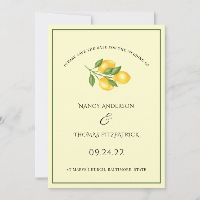 Invitación verano lemon med clásica boda salva la fecha (Anverso)