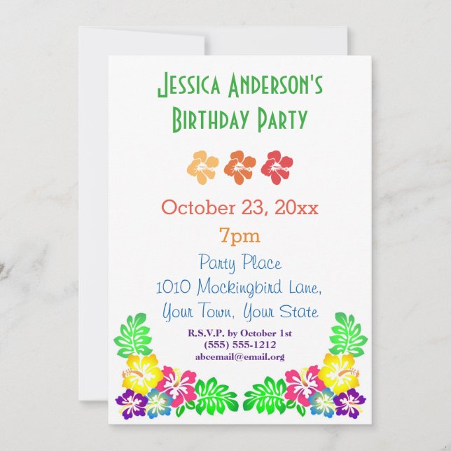 Invitación Verano Luau Hibiscus Cumpleaños Tropical Hawaiano (Anverso)