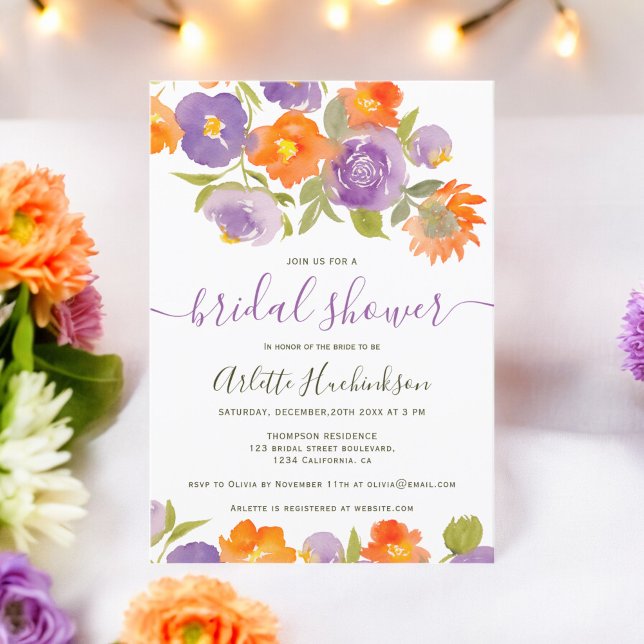 Invitación Verano Naranja morado Floral Boho Bridal Shower (Summer Purple Orange Floral Boho Bridal Shower Invitation)