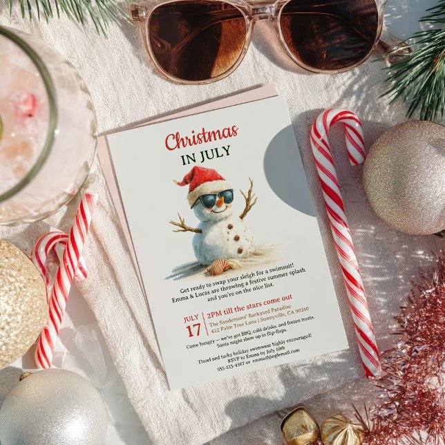 Invitación Verano Navidades divertidos en los lentes de sol d (Summer Funny Christmas in July Snowman Sunglasses Invitation)