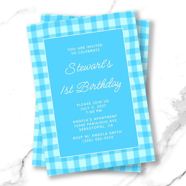 Invitación Verano ondulado azul Gingham Cumpleaños audaz 1 (Wavy Blue Summer Gingham Bold 1st Birthday Invitation)