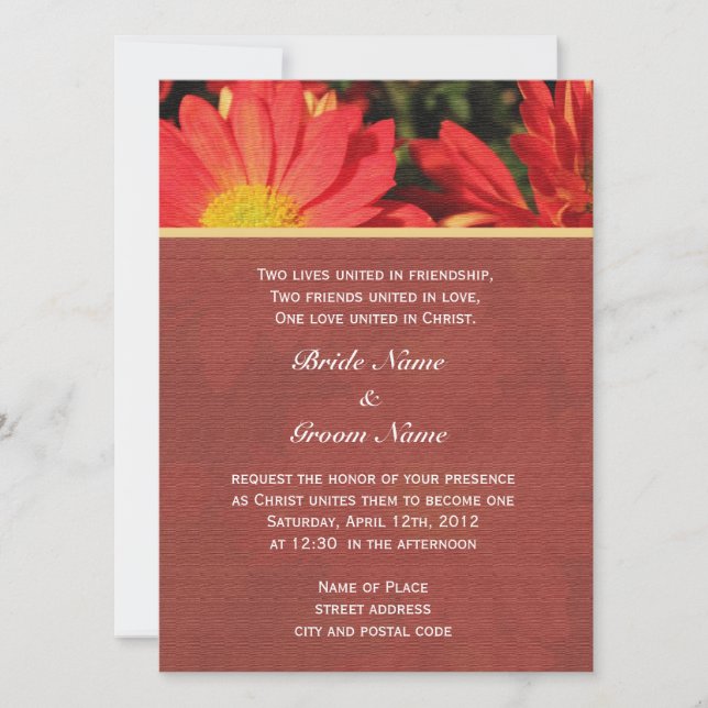 Invitación Verano, otoño naranja flor de margarita boda crist (Anverso)