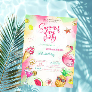 Invitación Verano, piña, fiesta de cumpleaños de Flamingo