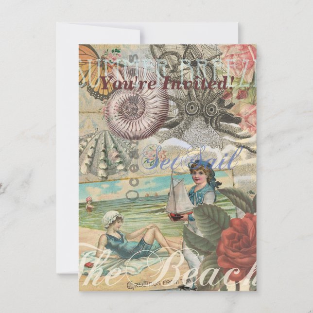 Invitación verano playa vintage pulpo antiguo navegación (Anverso)