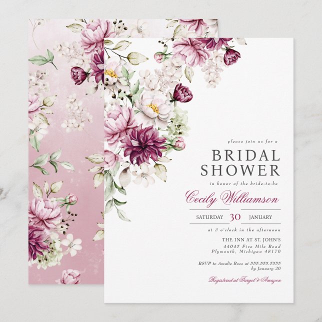 Invitación Verano primavera Vino rosa Rubor Floral Bridal Sho (Anverso / Reverso)
