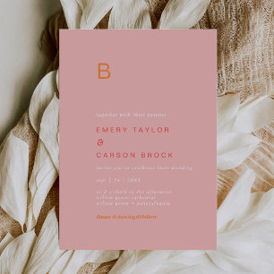 Invitación Verano retro Boda de monograma rosa y Naranja