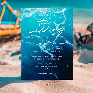 Invitación Verano Retro Costero Boda Azul Marino Océano Mar