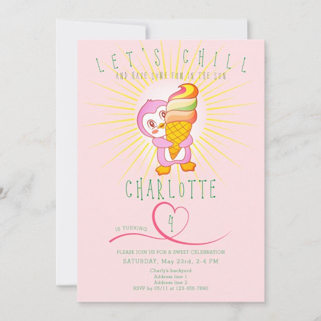 Invitación Verano rosa Chill Ice Cream Funny Pingüino Cumplea (Anverso)