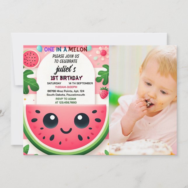Invitación verano rosa fresco uno en un melón primer cumpleañ (Anverso)