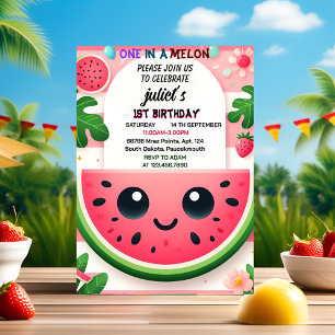 Invitación verano rosa fresco uno en un melón primer cumpleañ