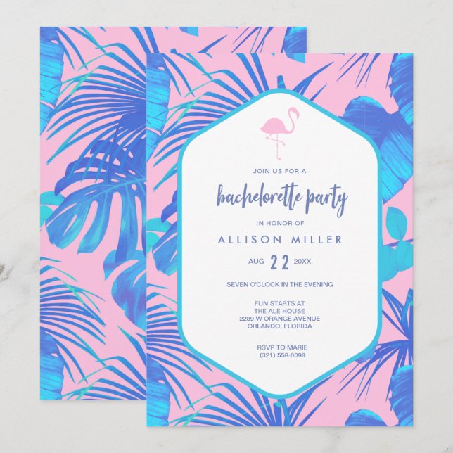 Invitación Verano rosa Tropical Flamingo Bachelorette (Anverso / Reverso)