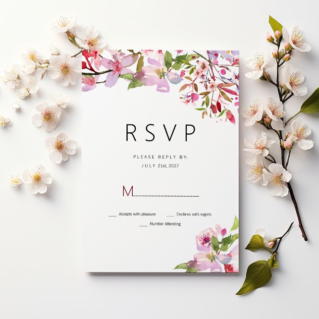 Invitación verano RSVP de florecimiento de cerezo rosa botáni (Botanical pink cherry blossom summer RSVP)