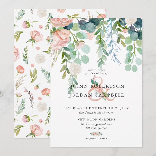 Invitación Verano ruboroso | Boda floral acuarela (Anverso / Reverso)