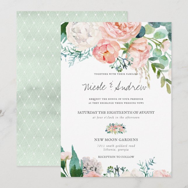 Invitación Verano ruboroso | Boda floral acuarela (Anverso / Reverso)