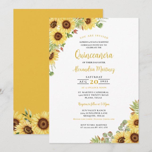 Invitación Verano Sunflower Amarillo Floral Blanca Quinceaner (Anverso / Reverso)