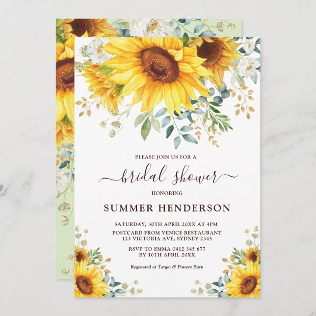 Invitación Verano Sunflowers Bridal Shower Yellow Flour (Anverso / Reverso)