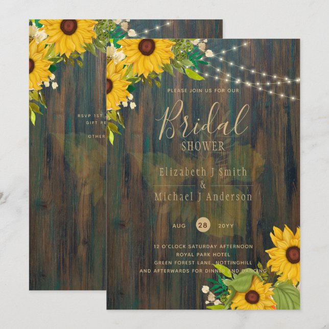 Invitación Verano Sunflowers Rústica Wood BRIDAL SHOWER INVIT (Anverso / Reverso)