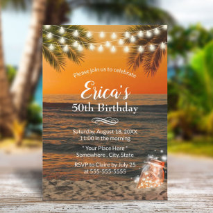 Invitación Verano Sunset Beach Glow Mason Jar 50 cumpleaños