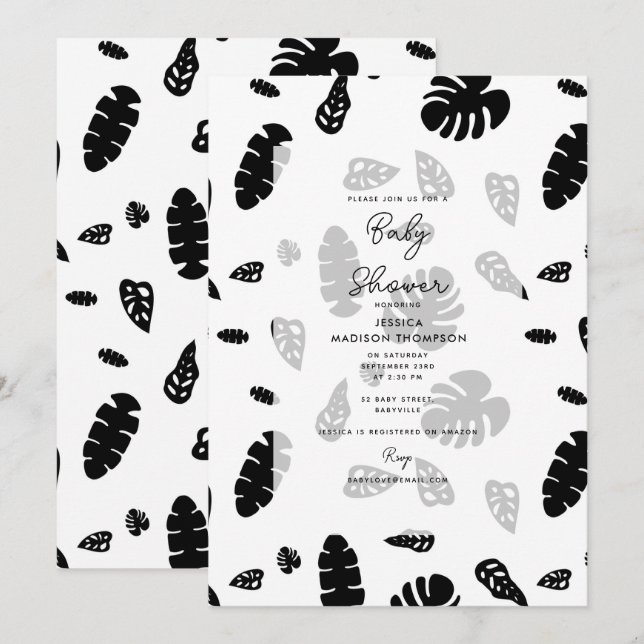 Invitación Verano tropical blanco y negro deja Baby Shower (Anverso / Reverso)