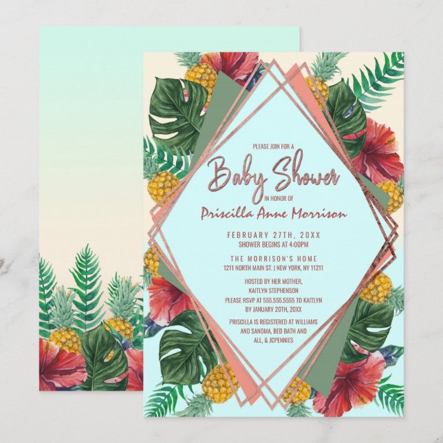 Invitación Verano Tropical de hoja de piña Floral Baby Shower (Anverso / Reverso)